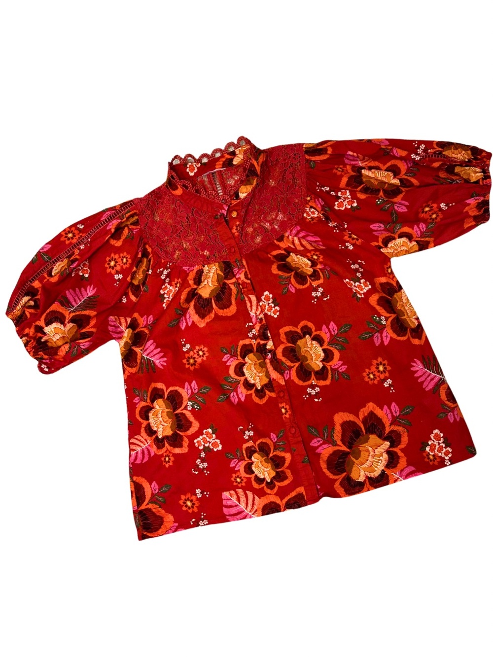 FARM Rio Women’s XS Floral Puff Sleeve Lace Button Blouse Red Boho Cottagecore - Picture 8 of 11